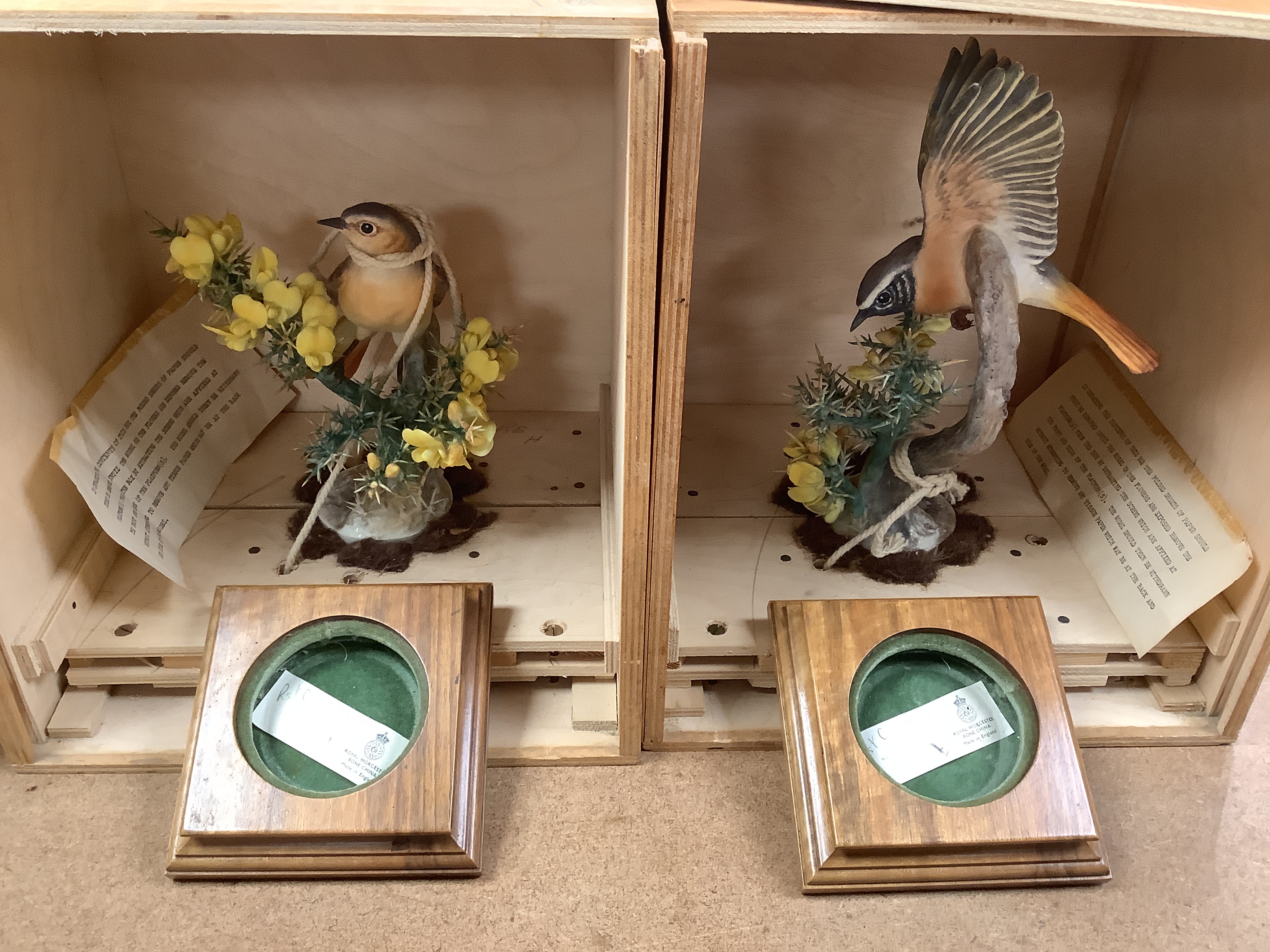 A Royal Worcester Redstart Hen and Cock and a Royal Worcester ‘Hibiscus’ with boxes and framed certificates (3)